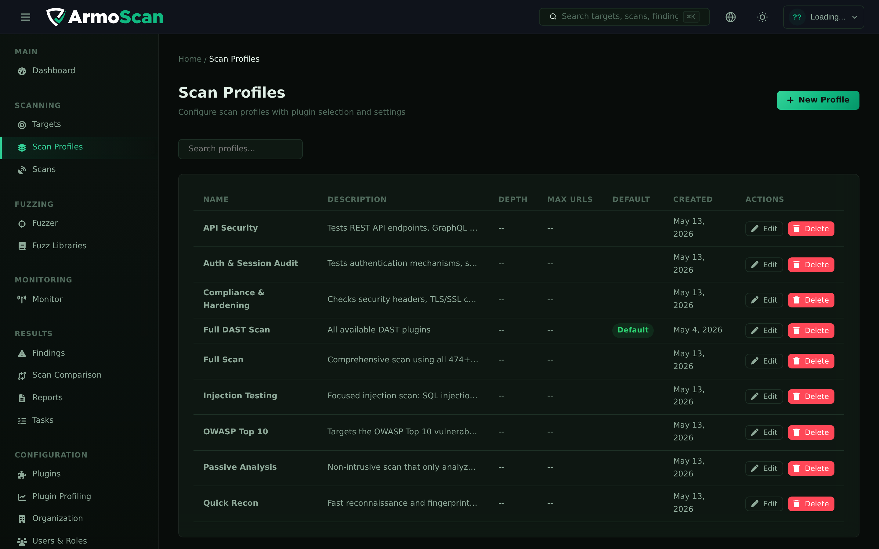 ArmoScan Scan Profiles — customizable security testing