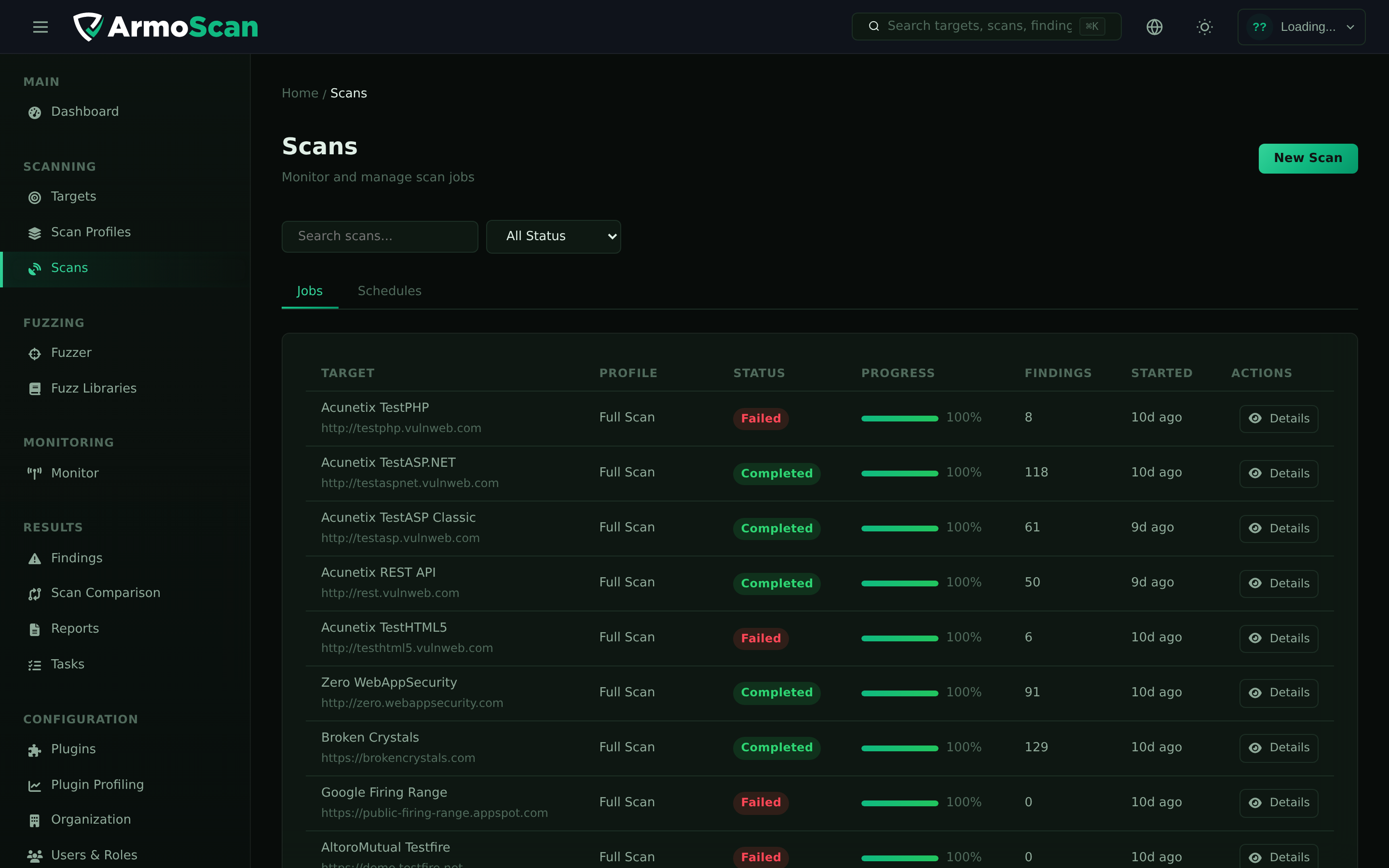 ArmoScan Scans — real-time scan monitoring with progress tracking