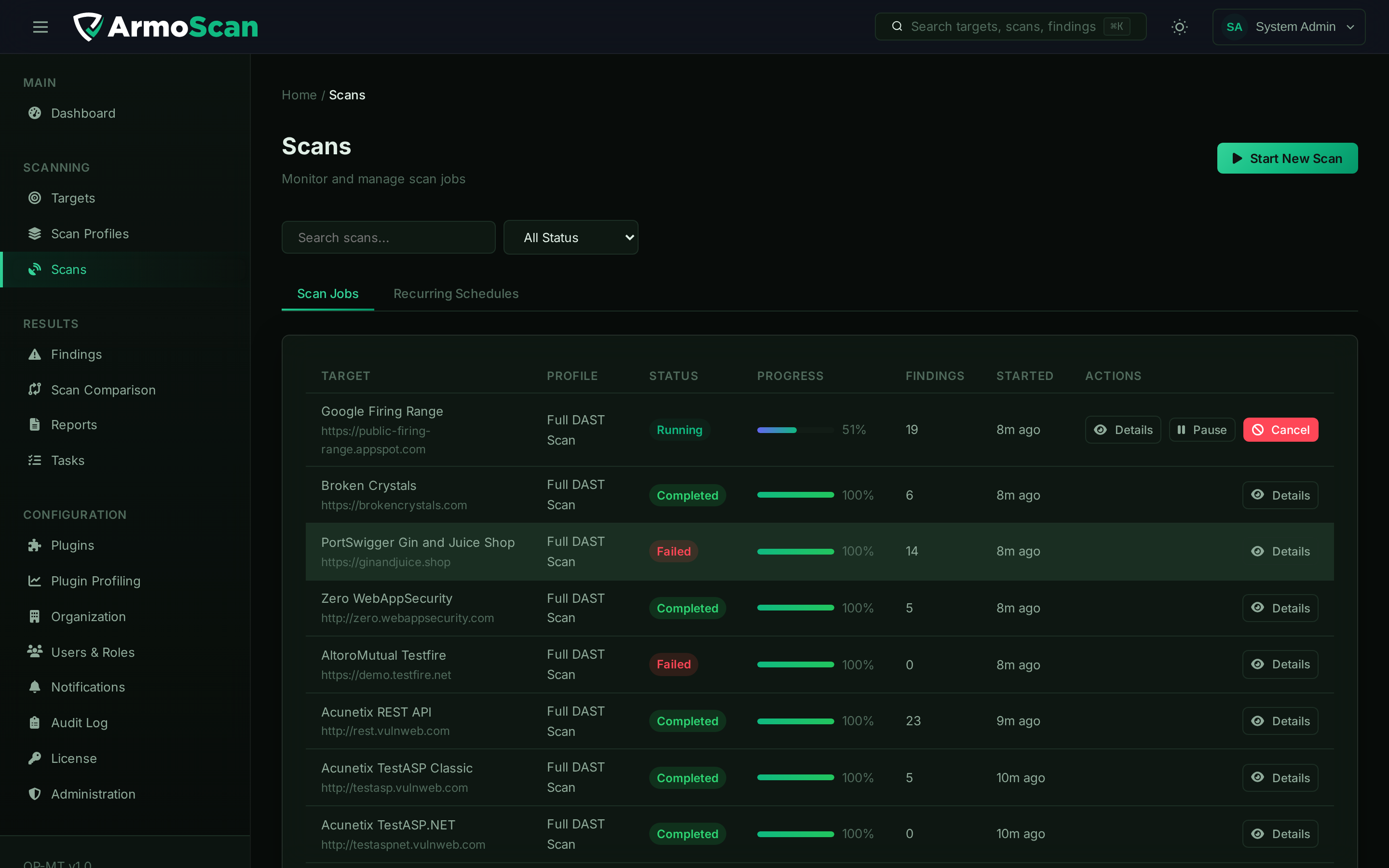 ArmoScan Scans — real-time scan monitoring with progress tracking