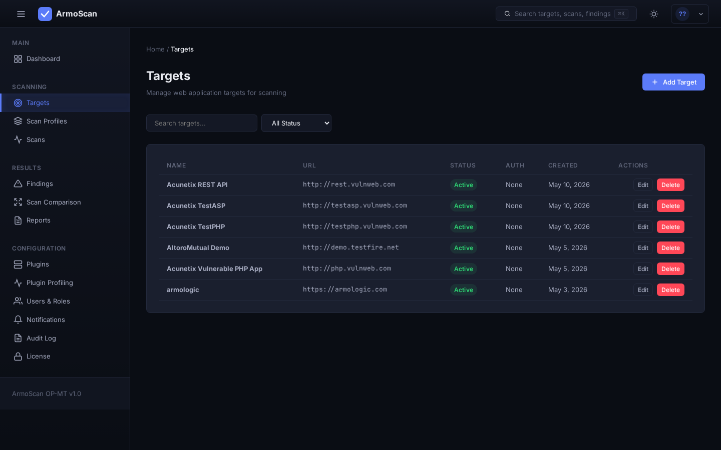 ArmoScan Targets — manage scan targets